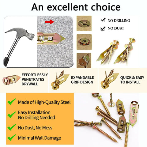 Self Drilling Drywall Anchors And Screws Kit With Zinc Plated Steel For No Drill Mounting, highlighted features and tools