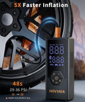 Portable Tire Inflator Air Compressor with 7800mAh Battery near car tire, digital display showing inflation speed and settings.