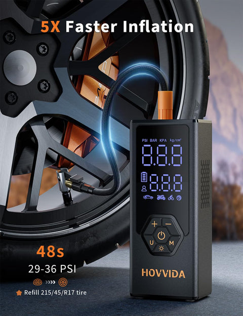 Portable Tire Inflator Air Compressor with 7800mAh Battery near car tire, digital display showing inflation speed and settings.