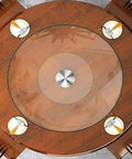 Heavy Duty Tempered Glass Lazy Susan Turntable Rock Solid Smooth Glide Kitchen Workhorse Serving Tray For Banquets And Home Tables Crystal Clear Scratch Resistant 39 Inches on a wooden dining table.
