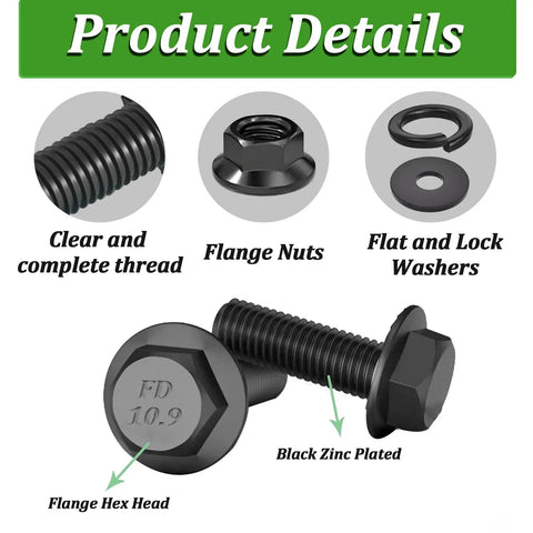 Top Shelf M8 X 30mm Full Thread Flanged Hex Head Bolts With Flange Nuts Flat And Lock Washers 10 Piece 10.9 Grade Black Zinc Plated.