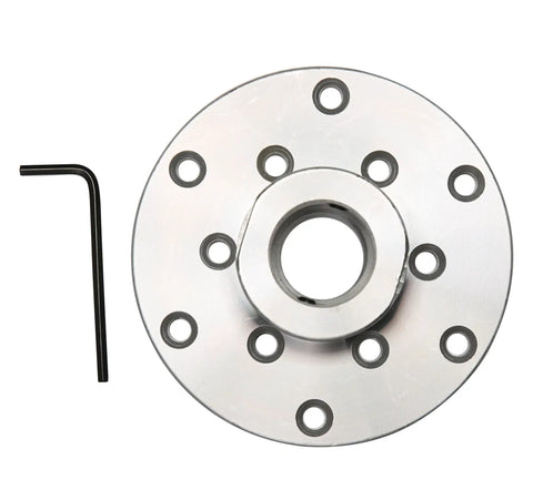 Shop Grade 4 Inch Wood Lathe Steel Faceplate With 1x8 Tpi Spindle Thread Tough As Nails Heavy Duty Alloy Chuck on white background.
