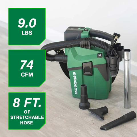 Cordless 18V Wet Dry Vacuum Bare Tool with 1.6 gallon capacity, 74 CFM airflow, 8 ft stretch hose, HEPA filtration showcased on floor.
