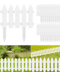 White Plastic Garden Fence Kit With 22 Pieces Easy Install Picket Fence Edgings For Lawn Flower Beds Plant Borders And Decorative Yard Perimeter Includes Ground Stakes For Quick Setup displayed in sections and installed in garden