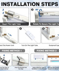 Installation steps for the 6W UV C Light Sanitizer Lamp with 253.7nm UV C bulb, including connection and fixing methods.