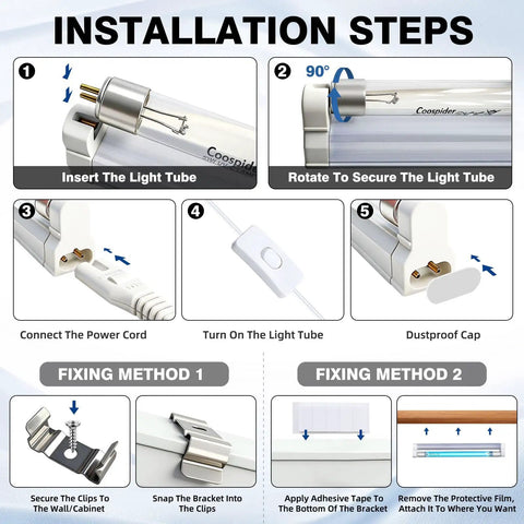 Installation steps for the 6W UV C Light Sanitizer Lamp with 253.7nm UV C bulb, including connection and fixing methods.