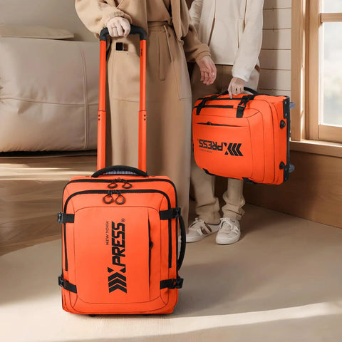 Underseat Carry On Luggage With Handle 17 Inch Travel Duffle Bag For Men And Women Orange Lightweight Durable Airplane Bag Big Capacity With Rugged Zippers For Your Go To Easy Travel, shown in a home setting.