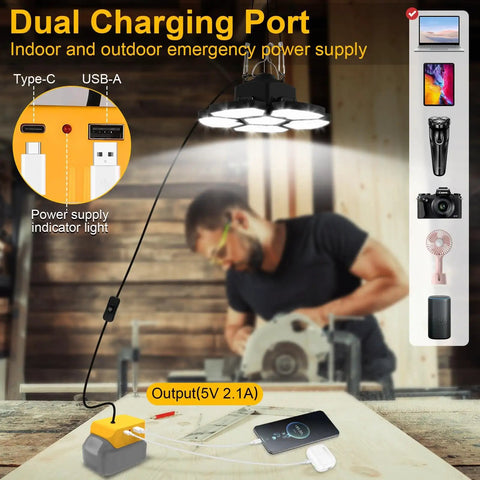 Cordless LED Work Light With 20V Battery Compatibility, 65W 6500LM Flood And Pendant Light, USB and Type C Ports, in workshop