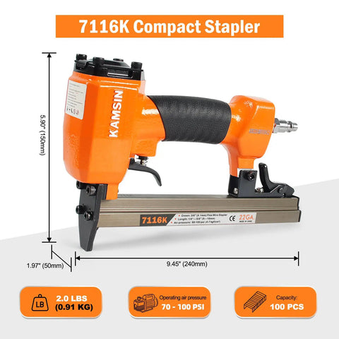 Pneumatic Upholstery Stapler 22 Gauge Continuous Firing, Three-Eighth Inch Crown, Fits 71 Series Staples, side view