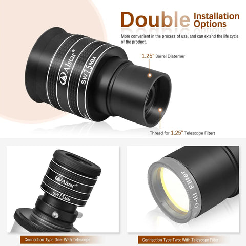 Close-up of 1.25-Inch 58 Degree 7.5mm Planetary Eyepiece For Telescope With Fully Multi Coated Wide Angle Optics showing installation options.