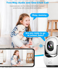 Girl with teddy bear and phone app display alongside 2K Pan Tilt Indoor Security Camera With AI Motion Detection And 2 Way Audio For Round The Clock Home Surveillance Color Night Vision Pet Baby Monitor With Phone App Built In Siren Cloud And TF Storage.