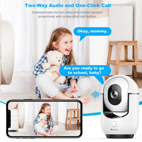 Girl with teddy bear and phone app display alongside 2K Pan Tilt Indoor Security Camera With AI Motion Detection And 2 Way Audio For Round The Clock Home Surveillance Color Night Vision Pet Baby Monitor With Phone App Built In Siren Cloud And TF Storage.