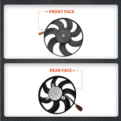 Front and rear view of Solid Right Side Radiator Cooling Fan Fits VW Passat Jetta A3 CC Beetle GTI TT 2005-2017, showing design details.