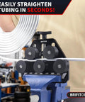 Pro Grade Tubing Straightener For Copper Aluminum And Soft Stainless Steel Brake Lines From Three Sixteenths Inch To One Inch Diameter With Red 6AN Fittings Wrench A Must Have For Auto HVAC And DIY Projects shown in action, mounted on a bench, visible rollers straightening tubing.