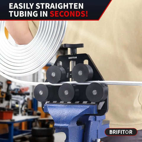 Pro Grade Tubing Straightener For Copper Aluminum And Soft Stainless Steel Brake Lines From Three Sixteenths Inch To One Inch Diameter With Red 6AN Fittings Wrench A Must Have For Auto HVAC And DIY Projects shown in action, mounted on a bench, visible rollers straightening tubing.