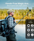 Person by lake with Rugged Modular Waterproof Camera Backpack With Front Pack And Magic Arm Rig Exoskeleton Design, DSLR SLR Bag.