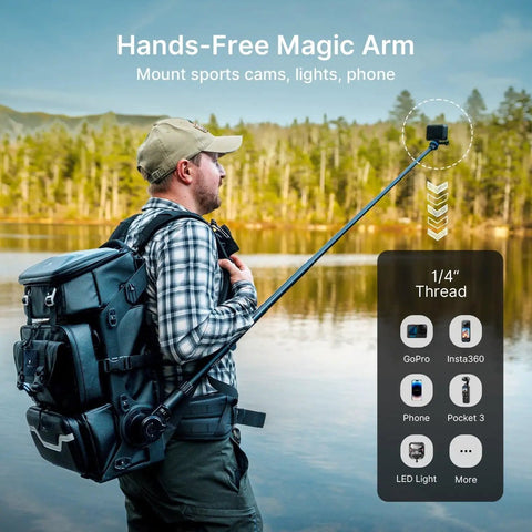 Person by lake with Rugged Modular Waterproof Camera Backpack With Front Pack And Magic Arm Rig Exoskeleton Design, DSLR SLR Bag.