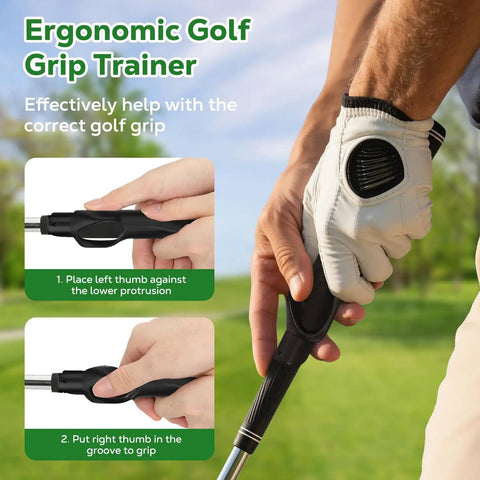 Close-up of golfer using Two Pack Golf Grip Trainer Aids For Proper Hand Position And Muscle Memory Practice Tool outdoors.