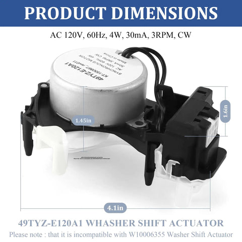 Upgraded High Torque Washer Shift Actuator Compatible With W11481722 And W10913953 Washing Machine Cycle Selector Motor Replaces 49Tyz E120A1 dimensions with measurements.