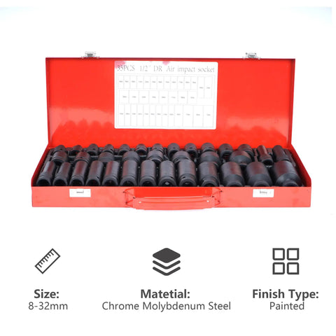 35-Piece 1/2 Inch Drive Deep Impact Socket Set With 6-Point Sockets, Heavy Duty Spindle And Axle Nut Kit, Deep Length 38mm And 78mm, Garage Ready For Car Auto Truck Repairs
