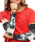 Ice Silk Cooling Arm Sleeves For Men And Women 2 Pack UV Sun Protection lightweight stretch covers worn by a girl in a red shirt.