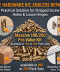 Hinge Repair Screw And Expansion Anchor Kit For Wood And Tile, 100 Or 200 Piece Set with repair examples and pile of anchors