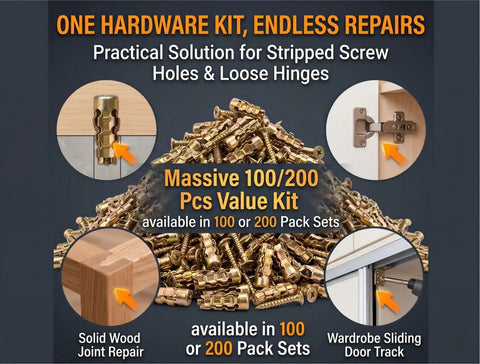 Hinge Repair Screw And Expansion Anchor Kit For Wood And Tile, 100 Or 200 Piece Set with repair examples and pile of anchors