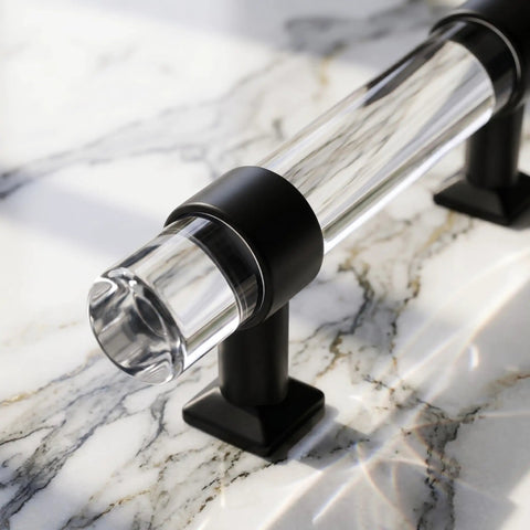 Close-up of 10 Pack 3.75 Inch Center To Center Cabinet Pulls Round Tube Acrylic Black Modern Drawer Handles showing clear tube design.