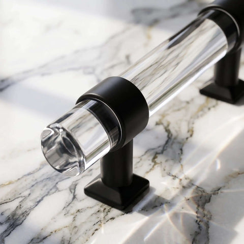Close-up of a 5 Pack Cabinet Pulls For Kitchen And Bedroom 3.54 Inch Center-To-Center Black Zinc Alloy With Clear Acrylic Tubes.