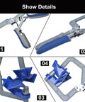 90 Degree Corner Clamp Set For Woodworking, Right Angle Jig for 90 Degree Corners and T Joints, blue and silver adjustable clamps.