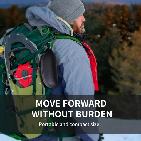 Hiker carrying gear in a backpack outdoors, wearing a gray jacket and beanie, text overlay "Move Forward Without Burden"