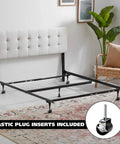 Heavy Duty Caster Wheels For Bed Frame Set Of Four With Two Locking And Two Non Locking For Easy Mobility Durable Steel Casters For Bedroom Furniture That Move Smoothly Across Floors And Provide Stable Support For Heavy Beds installed on a metal bed frame with white headboard and plastic plug inserts