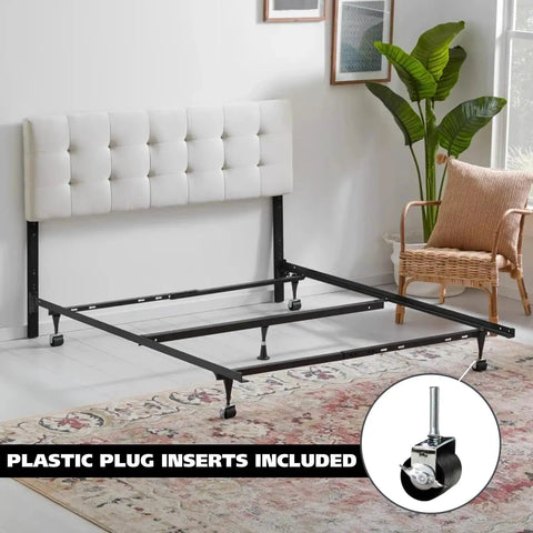 Heavy Duty Caster Wheels For Bed Frame Set Of Four With Two Locking And Two Non Locking For Easy Mobility Durable Steel Casters For Bedroom Furniture That Move Smoothly Across Floors And Provide Stable Support For Heavy Beds installed on a metal bed frame with white headboard and plastic plug inserts