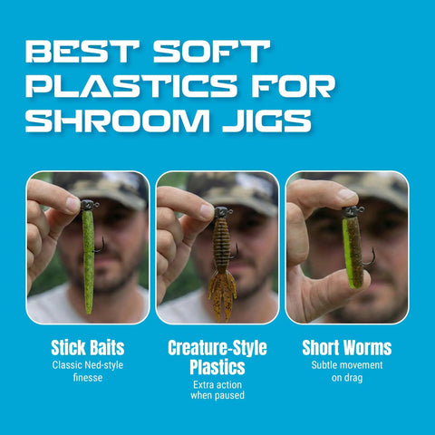 Angler demonstrating Mushroom Jig Head One Eighth Ounce Black Pack Of 25 with various soft plastics for bass fishing.