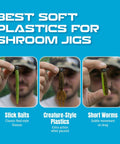 Best soft plastics for Green Pumpkin Mushroom JigHead Three Sixteenth Ounce Pack Of 25 Shroom Jigs For Bass Fishing With Stand Up Action Razor Sharp Hook And Durable Lead Construction For Freshwater Lure Enthusiasts shown with stick baits, creature-style plastics, and short worms.