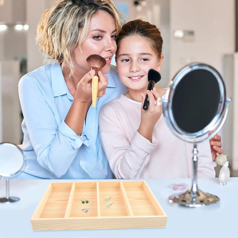 Straight Up Chic Wooden Jewelry Tray Organizer With Four Spacious Compartments To Keep Ring Collections Tidy While Adding Lowkey Premium Desk Vibes To Your Nightstand Or Dresser Surface, showcasing makeup application with a wooden tray.