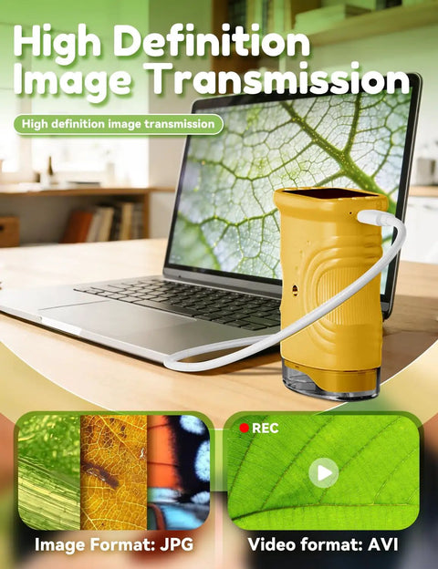 Handheld 200x-1000x Portable Microscope With 4K Screen showing leaf on laptop in educational setting