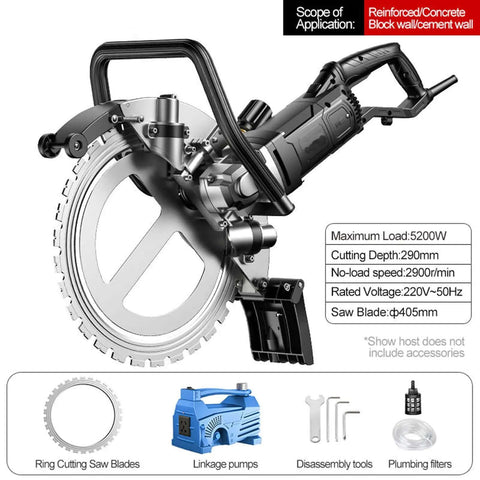 Heavy Duty 16 Inch Electric Concrete Circular Saw With A Beefy 5200W Motor And Integrated Water Feed System showing blade and handle.