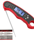 Red Digital Meat Thermometer for Cooking and Grilling with Instant Read, Waterproof Foldable Probe, Backlit Display, shows 75.3°F.