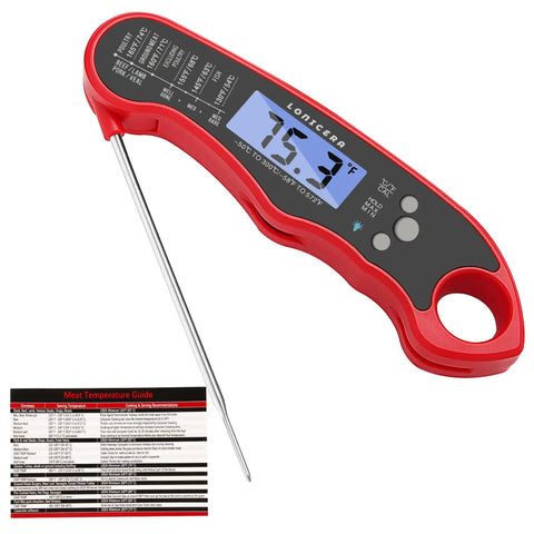 Red Digital Meat Thermometer for Cooking and Grilling with Instant Read, Waterproof Foldable Probe, Backlit Display, shows 75.3°F.
