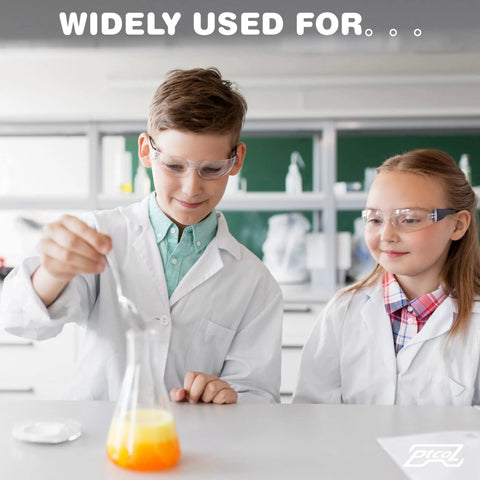 Kids wearing Kid Friendly 24 Pack Safety Glasses With Clear Lenses, Scratch Resistant, in a science lab with beaker