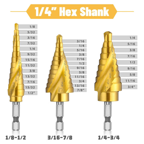 Top Shelf Five Piece Titanium HSS Step Drill Bit Set With Spiral Dual Flute Design And 118 Degree Split Tip For Quick Self Centering Metal Work That Cruises Through Mild Steel Without Walking Or Chip Jamming On Your Weekend Grind