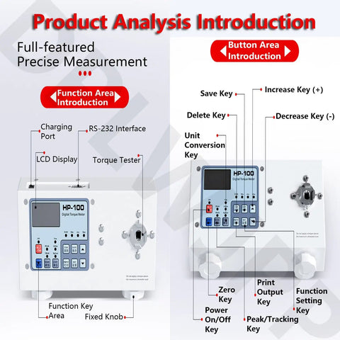 Smart Digital Torque Meter Tool For Precision Torque Testing Portable Torsion Cap Gauge Wrench Calibrator And Torque Tester With Peak And Follow Modes Unit Conversion Works On Various Shapes High Accuracy About 0.5 Percent Full Scale Performance. HP-100 panel view with LCD display and control keys