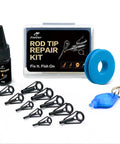 All In One Pro Grade Fishing Rod Tip Repair Kit With 10 Top Eyelets, UV Resin, Epoxy, Wrapping Thread, Glue, Sandpaper, And Hot Melt Adhesive For Quick Pole Tip Restoration On The Water, visible with components displayed in organized manner.