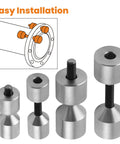 Front view of four stainless steel flange alignment pins with knurled collars and threaded shafts; diameters 1-1/8" and 1-5/8"