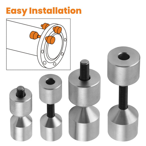 Front view of four stainless steel flange alignment pins with knurled collars and threaded shafts; diameters 1-1/8" and 1-5/8"