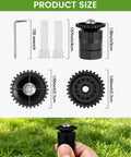 Adjustable Arc Spray Nozzles 8 to 17 Ft Radius Full Coverage Lawn Sprinkler Heads 10 Pack shown with sizes and components.