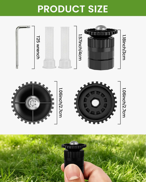 Adjustable Arc Spray Nozzles 8 to 17 Ft Radius Full Coverage Lawn Sprinkler Heads 10 Pack shown with sizes and components.
