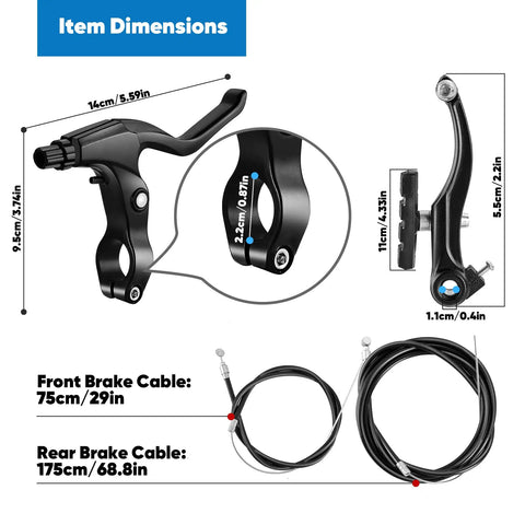 Universal V Type Bike Brake Set With Front And Rear MTB Brakes Cables Levers End Caps Multi Tool And Wrenches For Easy Install Must Have All In One Replacement Kit In Black, showing dimensions of brake components and cable lengths.