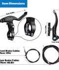 V-Type Bike Brake Set With Front And Rear Calipers, Universal MTB Brakes, levers and cables with size dimensions, dark black